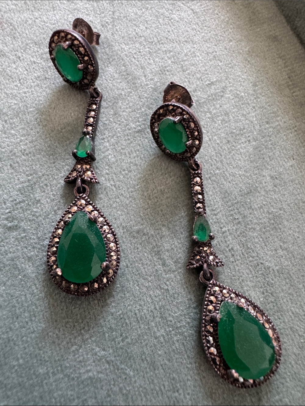 Green Teardrop Drop Earrings by - Picture 2 of 4